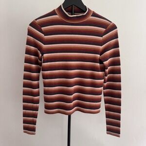 American Eagle‎ XS Striped Ribbed Mock Neck Long Sleeve Top Retro Y2K